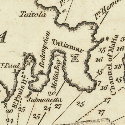 Old Malta and Gozo Nautical Chart by Heather, 1802: Detailed Coastlines, Soundings, Compass Rose