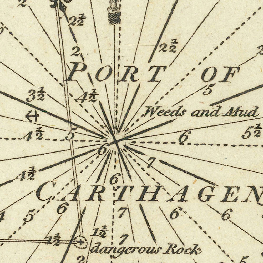 Old Port of Cartagena Nautical Chart by Heather, 1802: Murcia, Spain, Fortifications, Landmarks