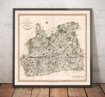 Vecchia mappa del Surrey nel 1801 di John Cary - Guildford, Haslemere, Streatham, Reigate, Dorking 