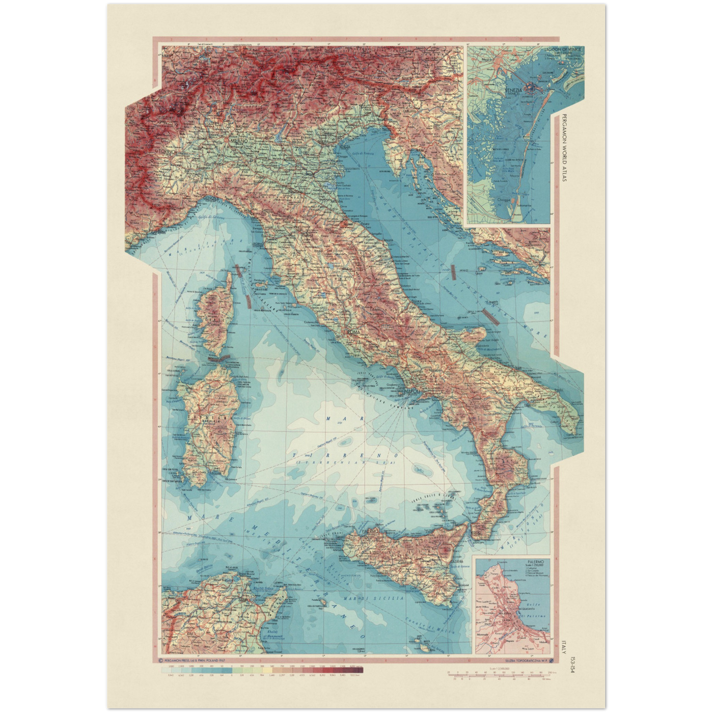 Mapa antiguo de Italia del Servicio de Topografía del Ejército Polaco, 1967: Córcega, Cerdeña, Sicilia, Mar Tirreno, Mar Adriático