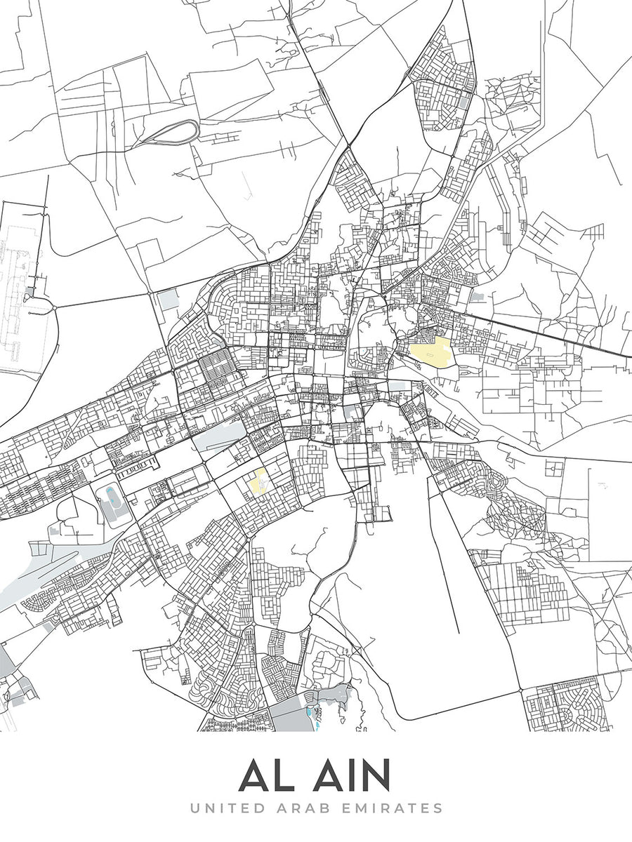 Mapa de la Ciudad Moderna de Al Ain, Emiratos Árabes Unidos: Oasis, Zoológico, Museo Nacional, Calle Bin Zayed, Calle Bin Sultan 