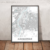 Plan de la ville moderne d'Albuquerque, Nouveau-Mexique : centre-ville, vieille ville, université du Nouveau-Mexique, montagnes Sandia, Rio Grande