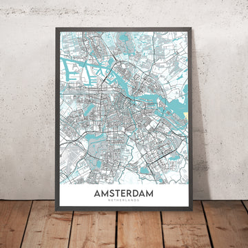 Modern City Map of Amsterdam, Netherlands: Rijksmuseum, Van Gogh Museum, Stedelijk Museum, Anne Frank House, Royal Palace