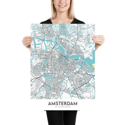 Modern City Map of Amsterdam, Netherlands: Rijksmuseum, Van Gogh Museum, Stedelijk Museum, Anne Frank House, Royal Palace