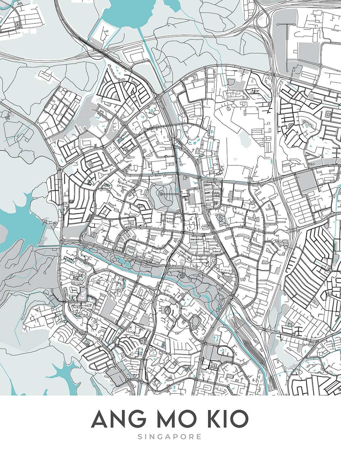 Mapa moderno de la ciudad de Ang Mo Kio, Singapur: Parque Bishan-Ang Mo Kio, embalse Lower Peirce, AMK Hub, Yio Chu Kang Rd, Ang Mo Kio Ave 3
