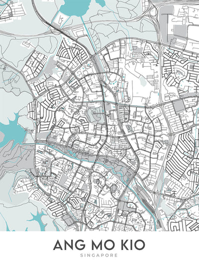 Mapa moderno de la ciudad de Ang Mo Kio, Singapur: Parque Bishan-Ang Mo Kio, embalse Lower Peirce, AMK Hub, Yio Chu Kang Rd, Ang Mo Kio Ave 3