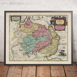 Mapa antiguo de Anglia y Schwansen por Joan Blaeu, 1665: Flensburg, Schleswig, Glücksburg, Kappeln, Süderbrarup, Mar Báltico, Fiordos