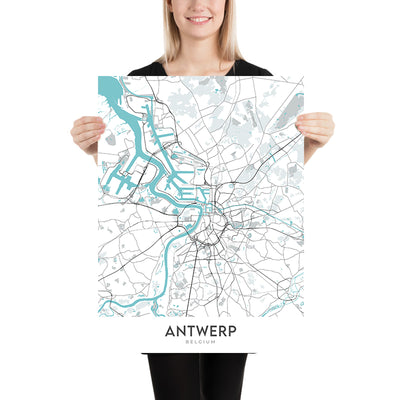 Moderner Stadtplan von Antwerpen, Belgien: Hauptbahnhof, Kathedrale, Rathaus, Zoo, Diamantenviertel