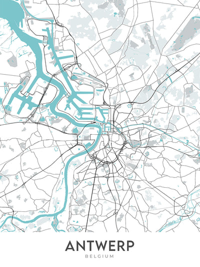 Moderner Stadtplan von Antwerpen, Belgien: Hauptbahnhof, Kathedrale, Rathaus, Zoo, Diamantenviertel