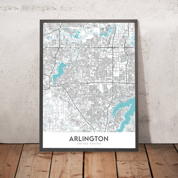 Mapa moderno de la ciudad de Arlington, TX: AT&T Stadium, Globe Life Field, Six Flags, UTA, Pantego