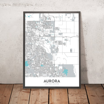 Moderne Stadtkarte von Aurora, CO: Aurora Hills, Cherry Creek, Fitzsimons, I-225, Buckley AFB 