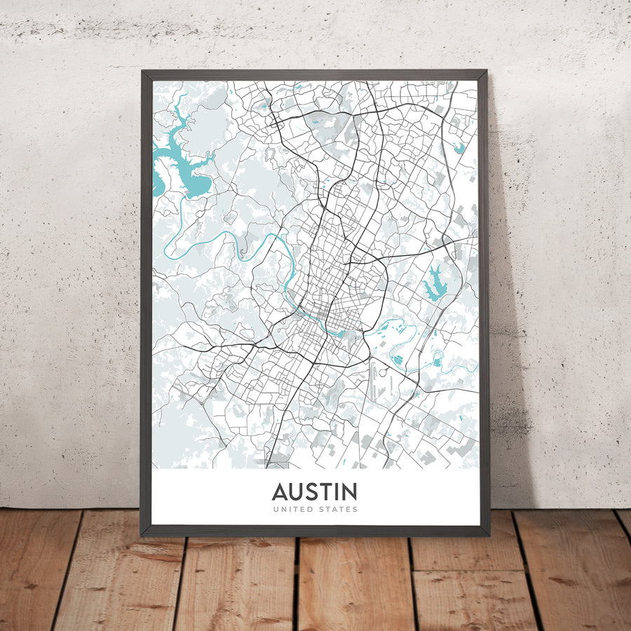 Mappa della città moderna di Austin, TX: Centro, Università del Texas, Parco Zilker, I-35, US-183 
