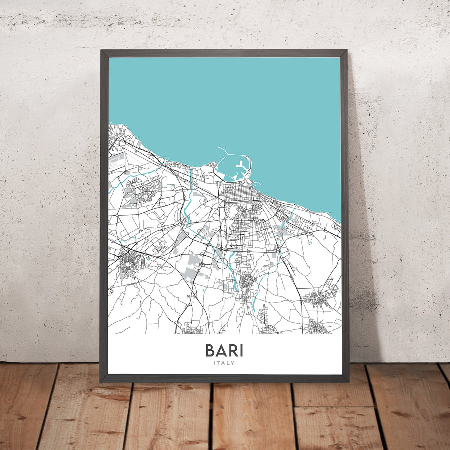 Mapa moderno de la ciudad de Bari, Italia: Bari Vecchia, Basílica de San Nicola, Castello Normanno-Svevo, Piazza Mercantile, Strada Statale 16