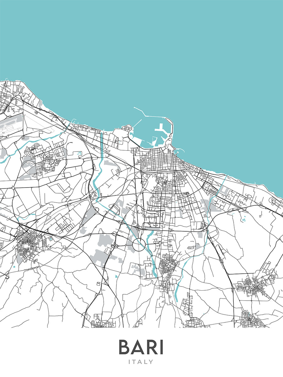 Mapa moderno de la ciudad de Bari, Italia: Bari Vecchia, Basílica de San Nicola, Castello Normanno-Svevo, Piazza Mercantile, Strada Statale 16