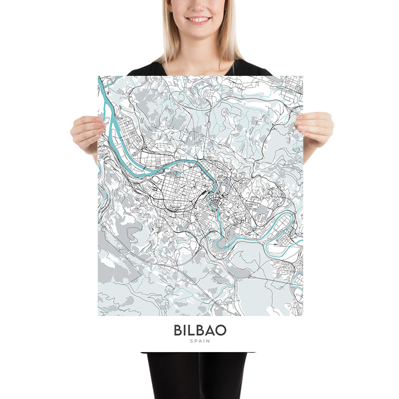Mapa moderno de la ciudad de Bilbao, España: Guggenheim, Casco Viejo, Ensanche, Arriaga, Plaza Moyúa