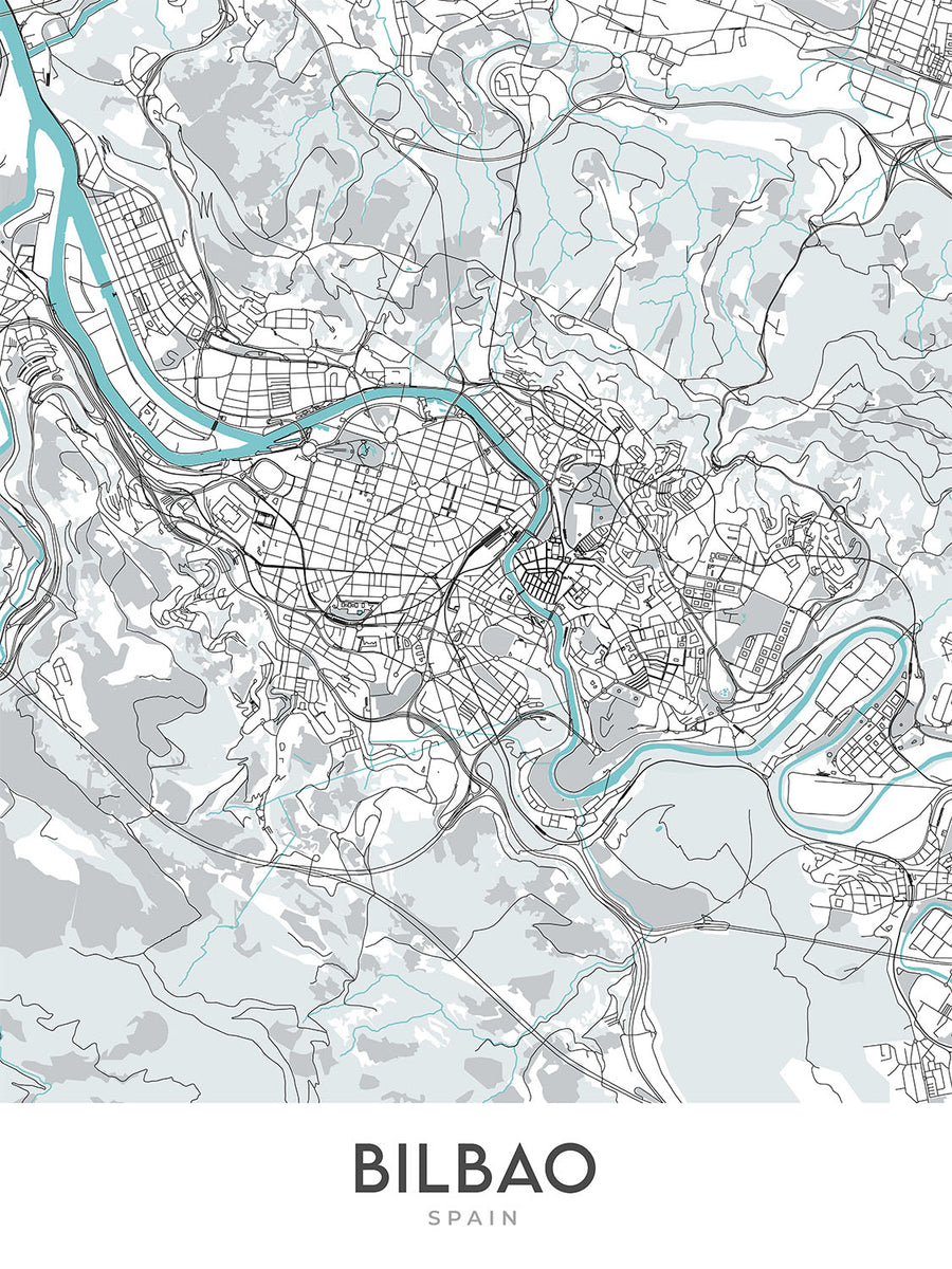 Mapa moderno de la ciudad de Bilbao, España: Guggenheim, Casco Viejo, Ensanche, Arriaga, Plaza Moyúa