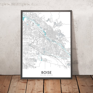 Moderne Stadtkarte von Boise, ID: Innenstadt, Boise State University, Idaho State Capitol, Hyde Park, Boise River 