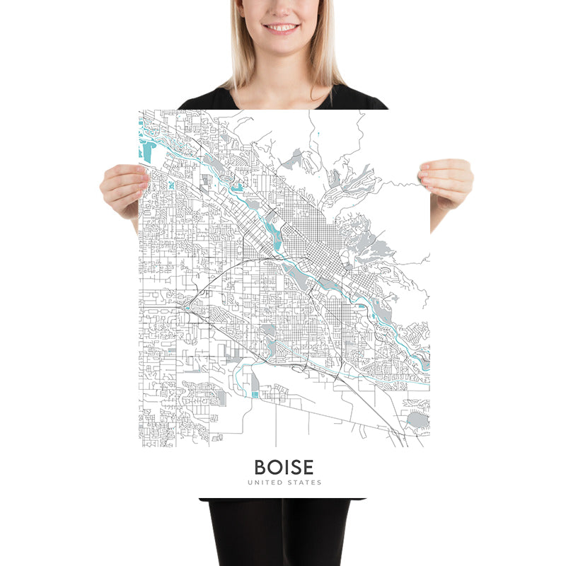 Mapa moderno de la ciudad de Boise, ID: Centro, Universidad Estatal de Boise, Capitolio del Estado de Idaho, Hyde Park, Río Boise