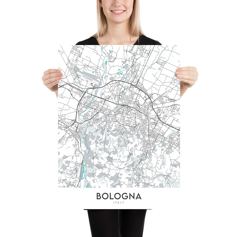 Mapa moderno de la ciudad de Bolonia, Italia: Piazza Maggiore, Basílica de San Petronio, Torre degli Asinelli, distrito universitario, zona industrial
