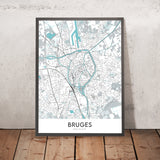Mapa moderno de la ciudad de Brujas, Bélgica: campanario, basílica, mercado, Minnewater, Groeningemuseum