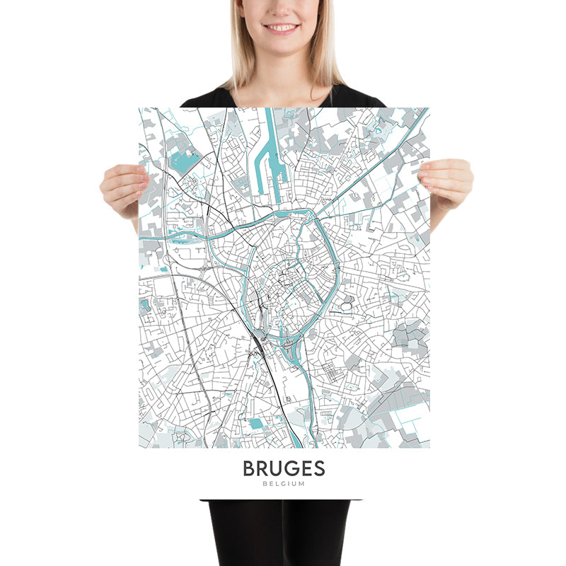 Moderner Stadtplan von Brügge, Belgien: Glockenturm, Basilika, Markt, Minnewater, Groeningemuseum
