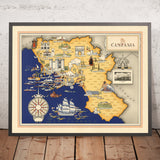 Ancienne carte picturale de la Campanie par De Agostini, 1938 : Pompéi, Herculanum, Côte d'Amalfi, Vésuve, Cilento et Vallo di Diano 