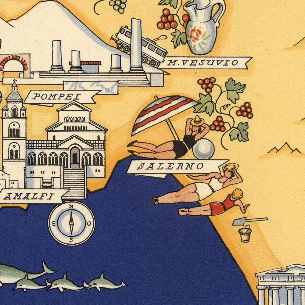 Ancienne carte de la Campanie par De Agostini, 1938 : Pompéi, Herculanum, côte amalfitaine, Vésuve, Cilento et parc national du Vallo di Diano