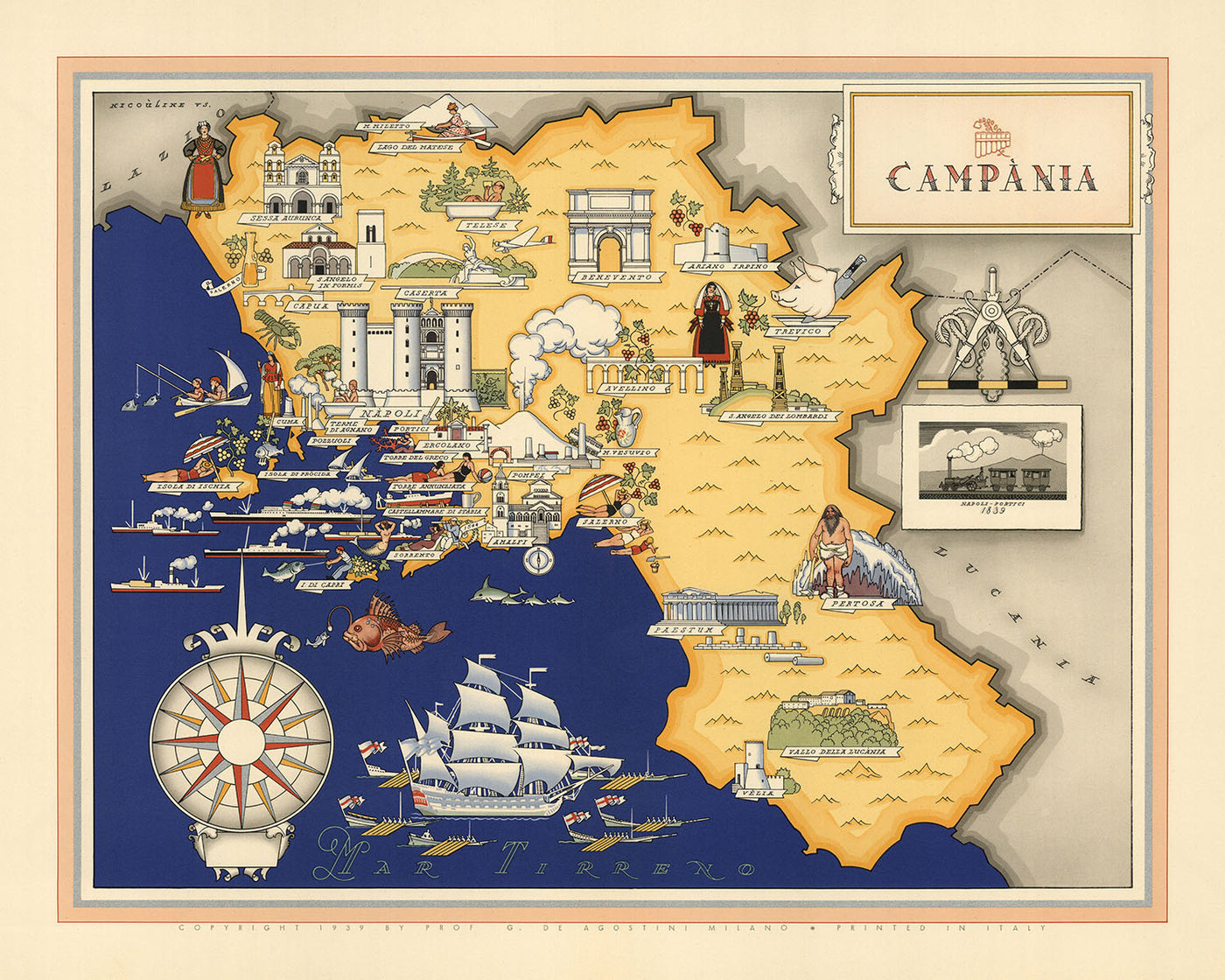 Alte Karte von Kampanien von De Agostini, 1938: Pompeji, Herculaneum, Amalfiküste, Vesuv, Cilento und Nationalpark Vallo di Diano