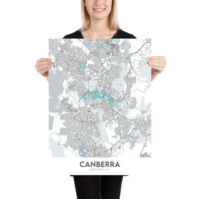 Mapa moderno de la ciudad de Canberra, Australia: Memorial de Guerra, Galería Nacional, Lago Burley Griffin, Civic, Parkes Way