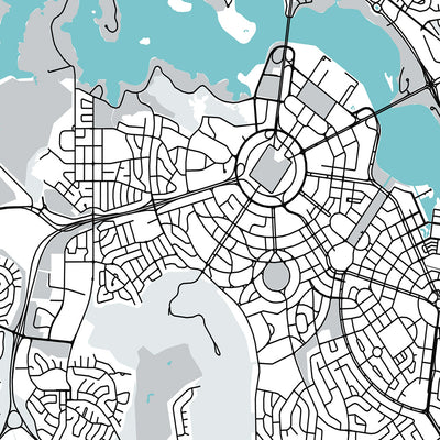 Mapa moderno de la ciudad de Canberra, Australia: Memorial de Guerra, Galería Nacional, Lago Burley Griffin, Civic, Parkes Way