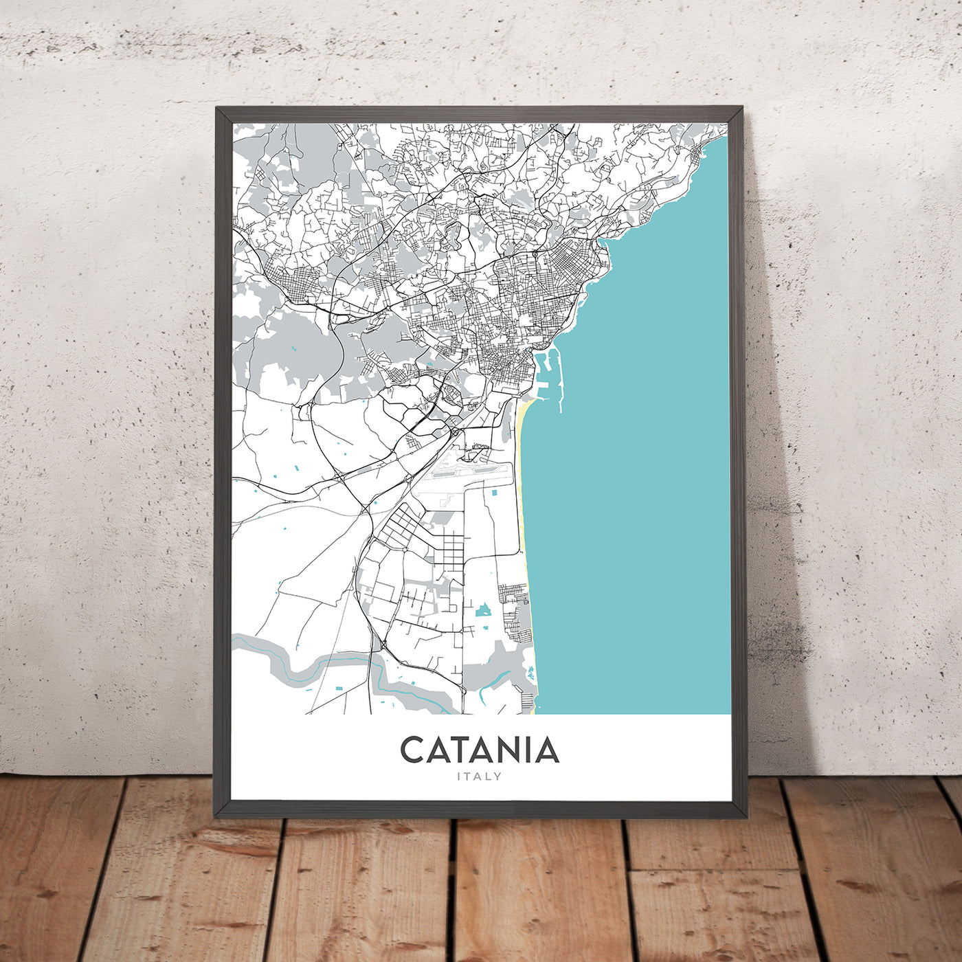 Moderner Stadtplan von Catania, Italien: Kathedrale, Biscari, Elefantenbrunnen, Bellini-Theater, Schloss Ursino