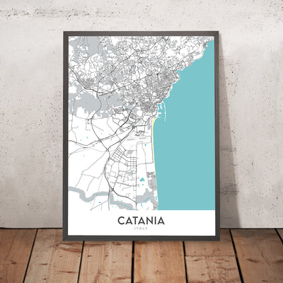 Moderner Stadtplan von Catania, Italien: Kathedrale, Biscari, Elefantenbrunnen, Bellini-Theater, Schloss Ursino