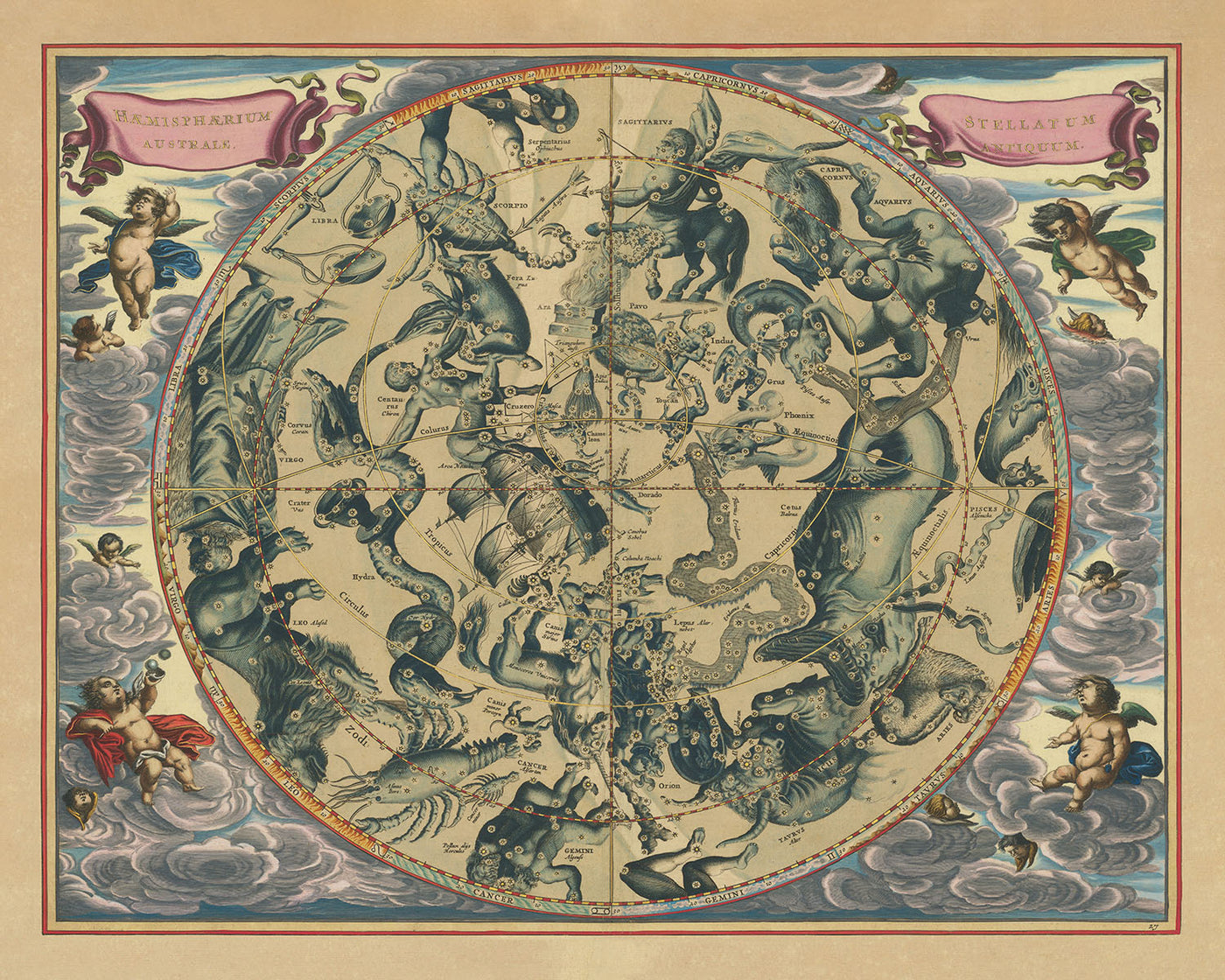 Carte céleste des constellations du Sud par Andreas Cellarius, 1661