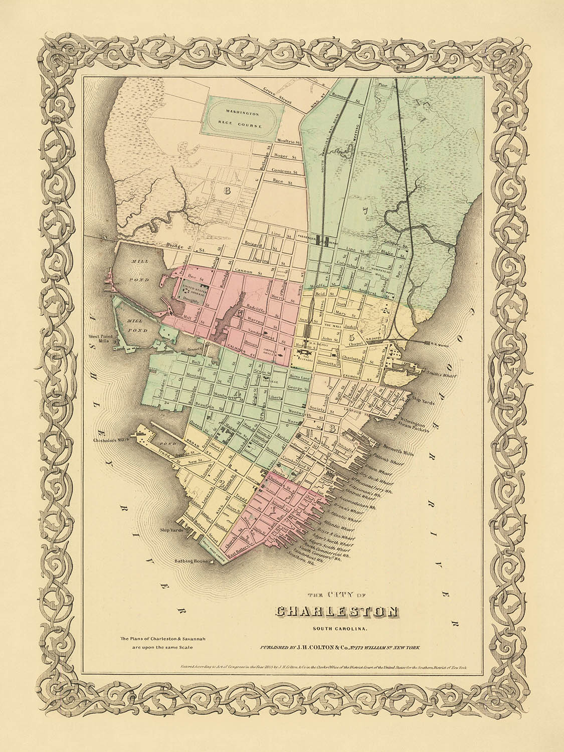 Old Map of Charleston by Colton, 1855: Washington Race Course, Arsenal, Battery, Docks, Ponds