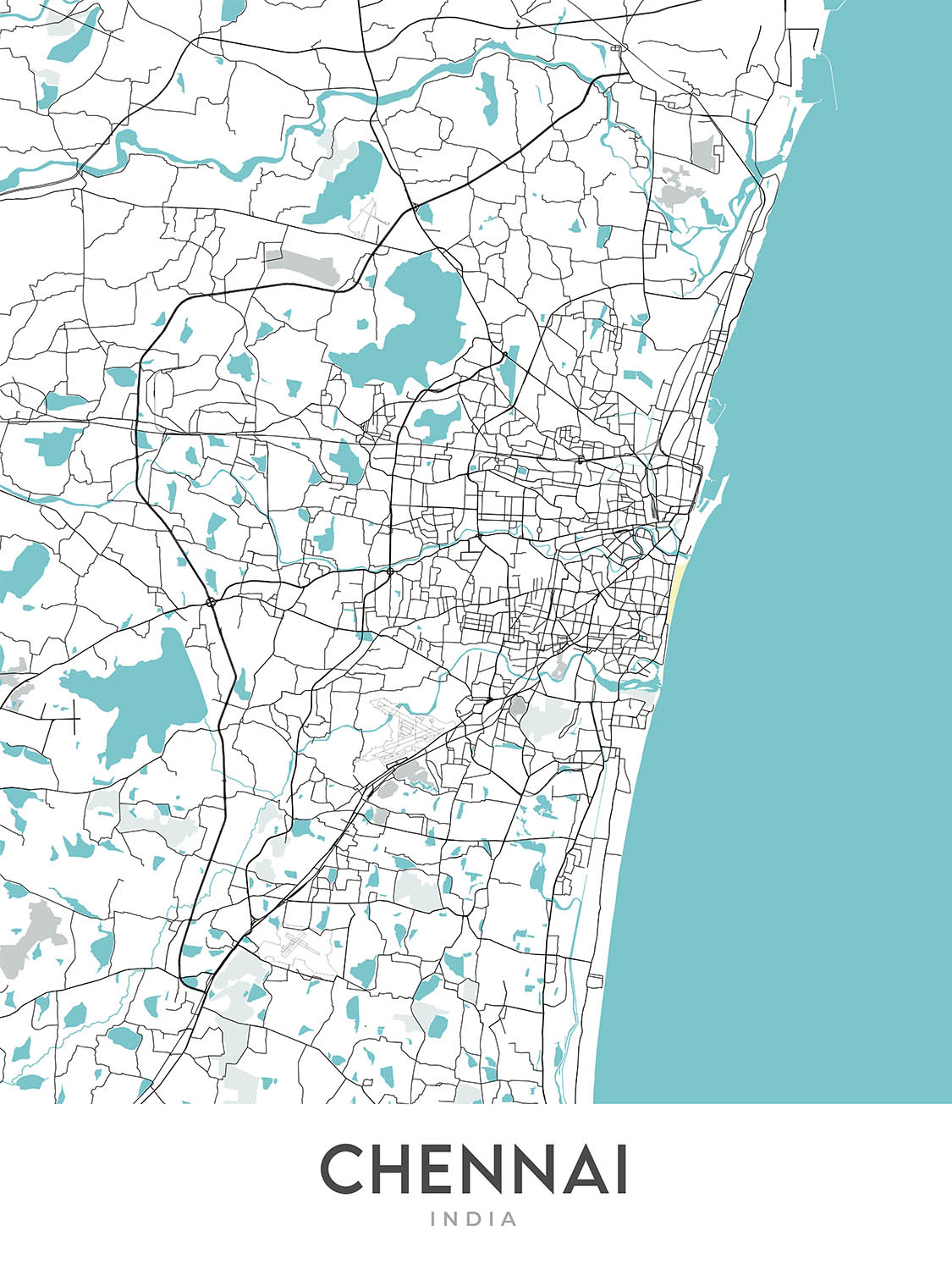 Plan de la ville moderne de Chennai, Inde : Marina Beach, Fort St. George, T. Nagar, Anna Salai, Mylapore