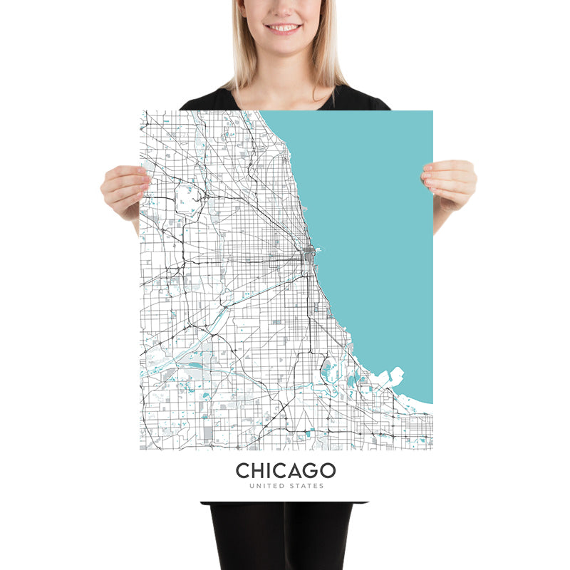 Moderner Stadtplan von Chicago, IL: Wrigley Field, Willis Tower, Lake Michigan, The Loop, Magnificent Mile