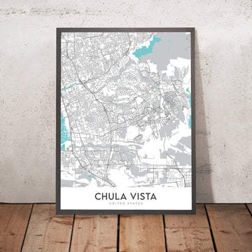 Mapa moderno de la ciudad de Chula Vista, CA: Castle Park, Eastlake, Interestatal 5, Interestatal 805, Bahía de San Diego