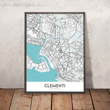 Carte moderne de la ville de Clementi, Singapour : MRT, NUS, parc de West Coast, centre commercial de Clementi, AYE 
