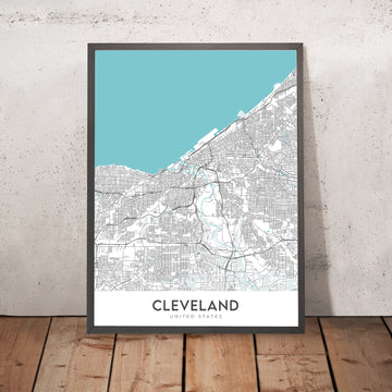 Mapa moderno de la ciudad de Cleveland, OH: ciudad de Ohio, Tremont, University Circle, Salón de la Fama del Rock and Roll, I-90