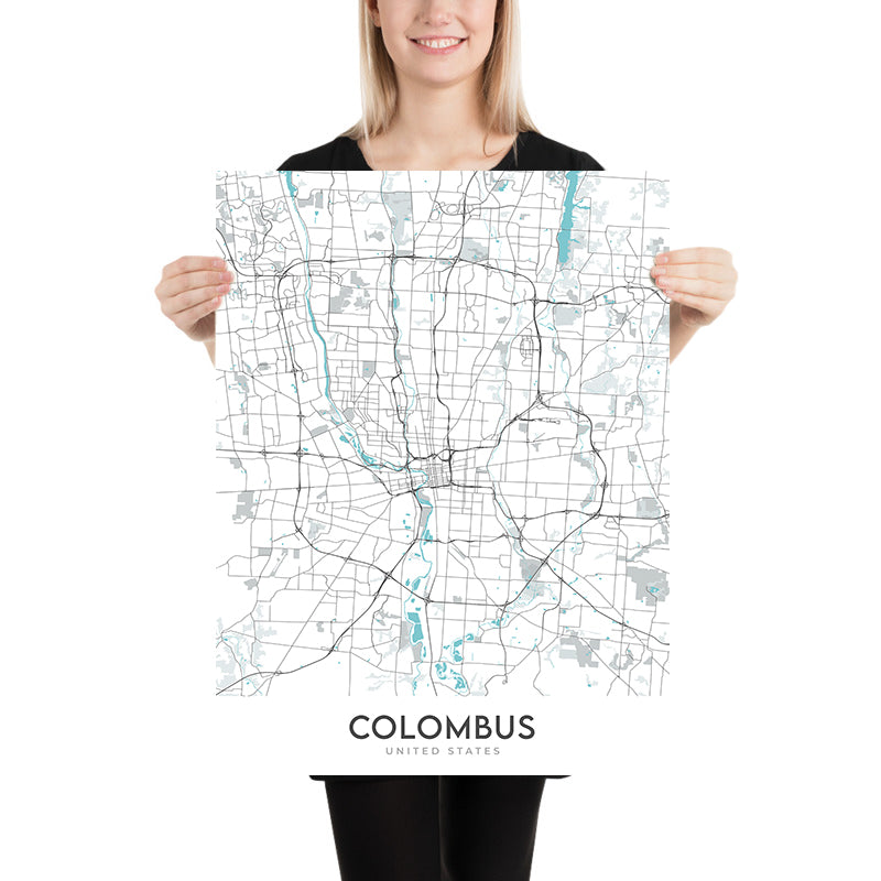 Mapa moderno de la ciudad de Columbus, OH: Victorian Village, German Village, Ohio State University, I-70, I-71