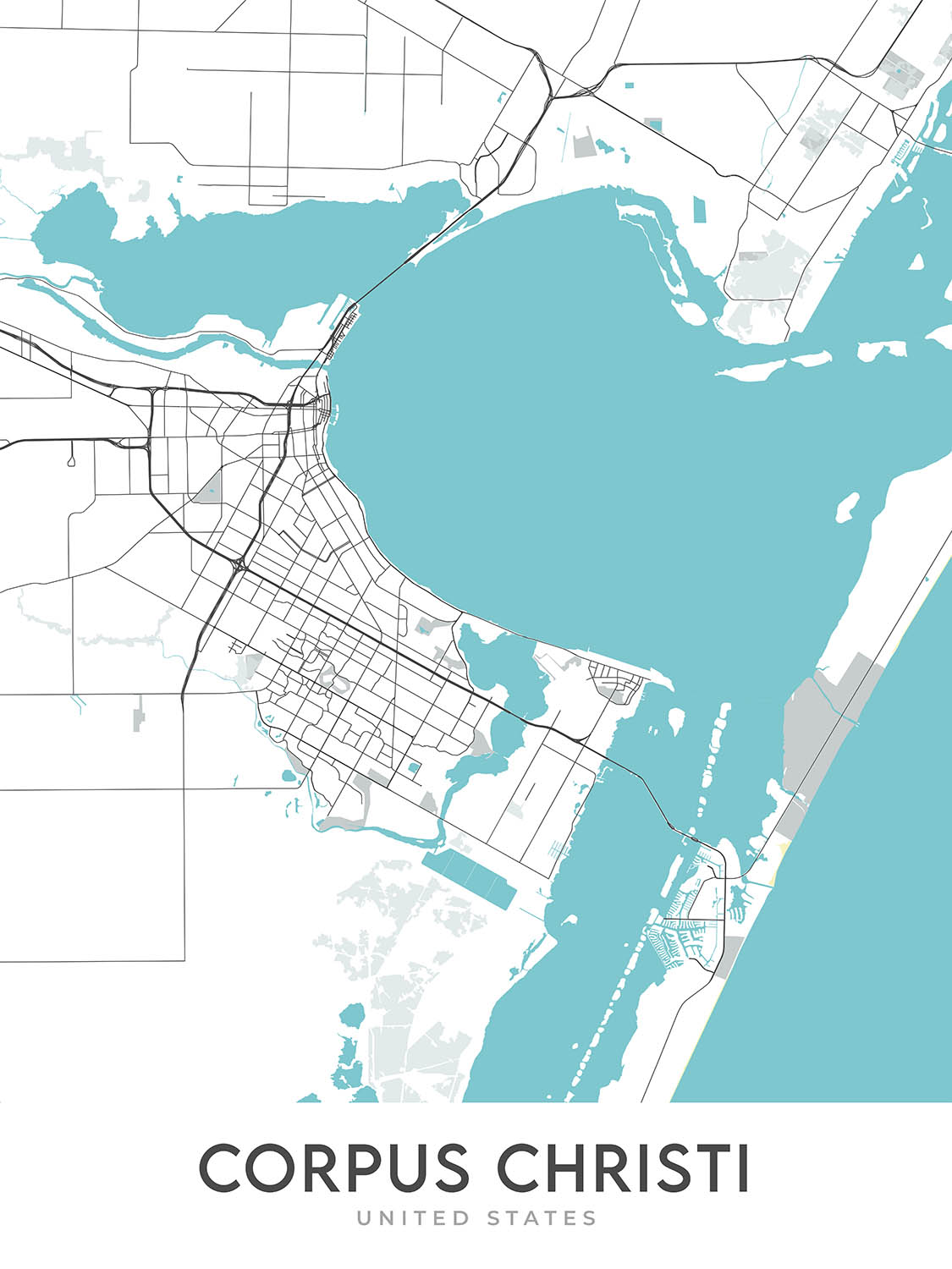 Modern City Map of Corpus Christi, TX Downtown, USS Lexington, Selena