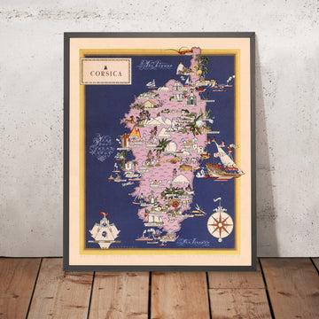 Old Pictorial Map of Corsica, 1938: Bastia, Ajaccio, Calvi, Corte, Porto-Vecchio