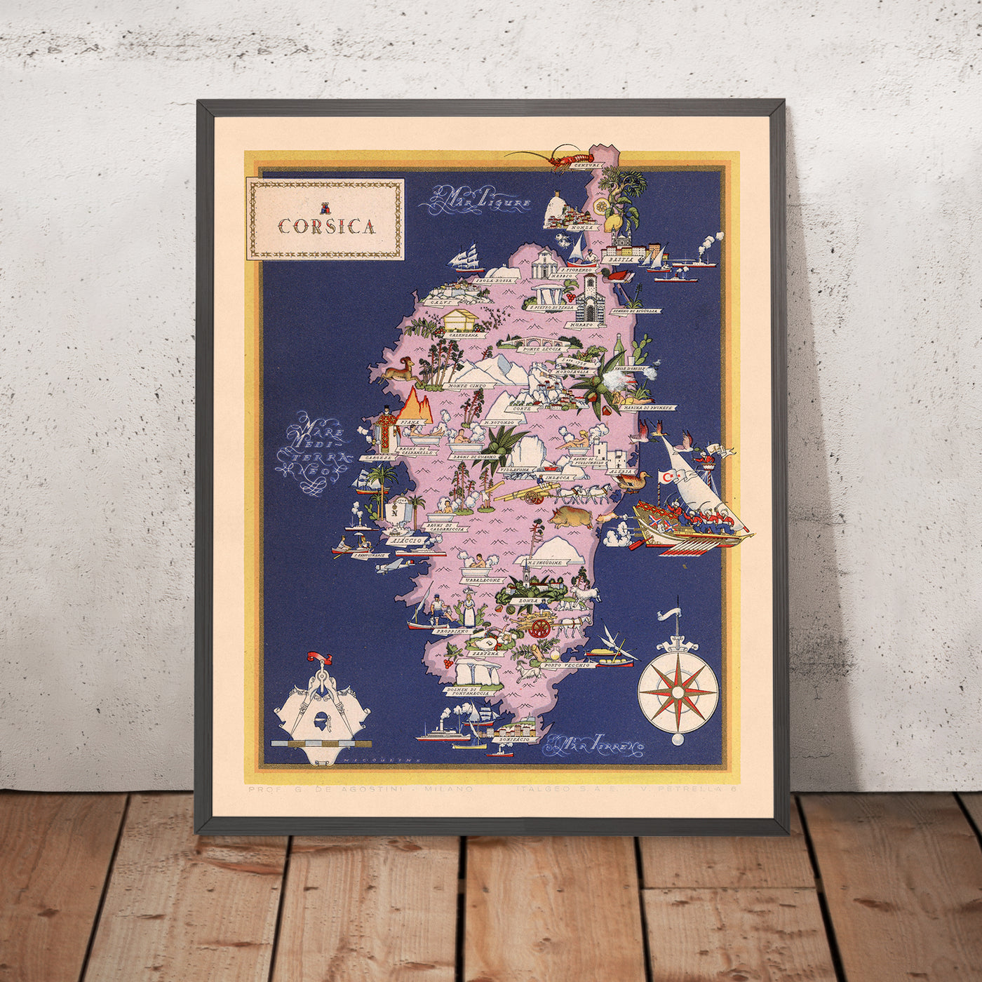 Alte Karte der italienischen Region Korsika, 1938: Bastia, Ajaccio, Calvi, Corte, Porto-Vecchio