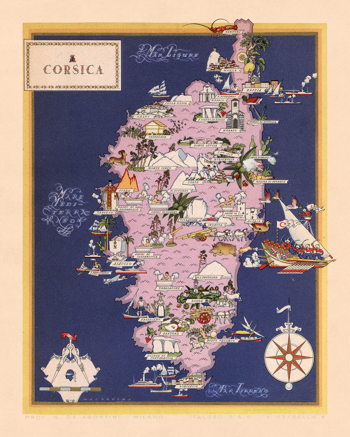 Old Pictorial Map of Corsica, 1938: Bastia, Ajaccio, Calvi, Corte, Porto-Vecchio