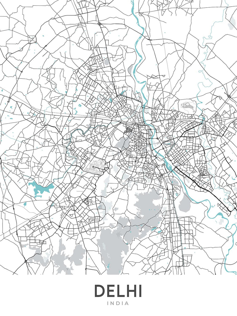 Mappa della città moderna di Delhi, India: Connaught Place, India Gate, Forte Rosso, NH 44, Ring Road 