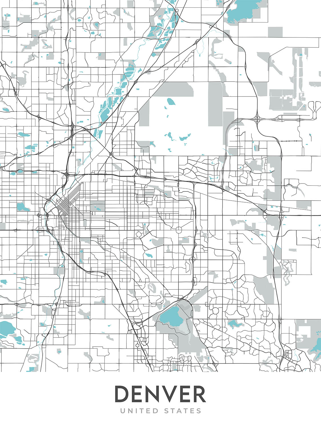 Mapa moderno de la ciudad de Denver, CO: Red Rocks, City Park, Larimer Sq, Highlands, Capitol Hill