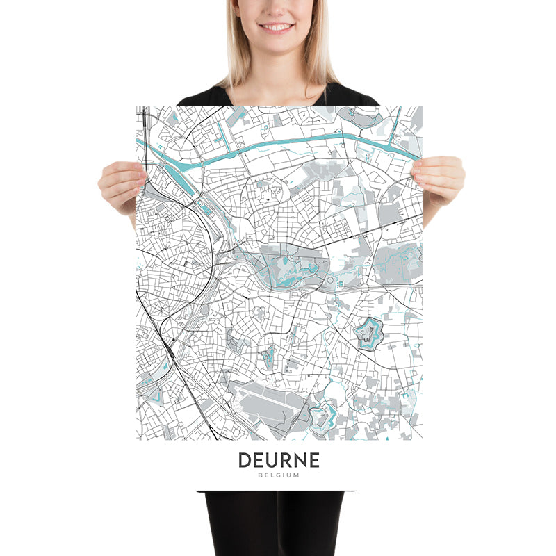 Plan de la ville moderne de Deurne, Belgique : hôtel de ville, parc Rivierenhof, complexe sportif Luchtbal, A12, N13