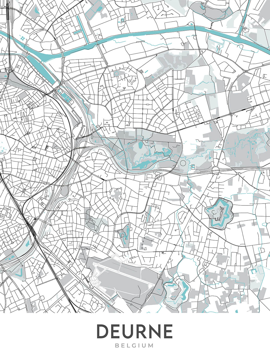 Plan de la ville moderne de Deurne, Belgique : hôtel de ville, parc Rivierenhof, complexe sportif Luchtbal, A12, N13