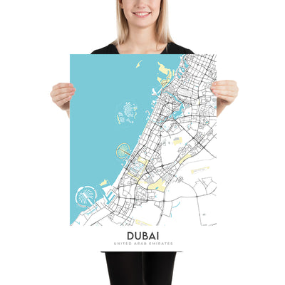 Moderner Stadtplan von Dubai, Vereinigte Arabische Emirate: Burj Khalifa, Palm Jumeirah, Innenstadt von Dubai, Dubai Marina, Jumeirah