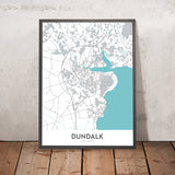 Plan de la ville moderne de Dundalk, Irlande : stade de Dundalk, cathédrale Saint-Patrick, N1, N52, R173